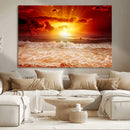 Red Sunset Ocean Beach Canvas Wall Art Beach Canvas, Coastal