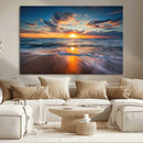 Sunset on the Ocean Beach with Waves, Reflections on Sand,