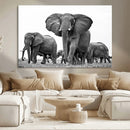 Black White Elephant Family Wall Art Canvas Print