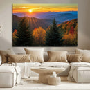 Golden Sunset Over Mountain Forest Canvas Wall Art Print -