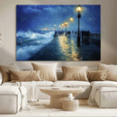 Storm Ocean Pier Canvas Wall Art Print - Large Moody Night