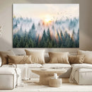 Misty Pine Forest Wall Art Canvas, Sunrise Over Foggy Trees