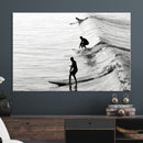 Surfers on Waves Wall Art Canvas Print – Framed Black and