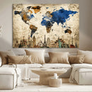 World Map Canvas Print – Vintage Blue and Gold World Map