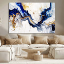 Golden Cascades on Midnight Blue – Deep Blue Abstract Wall