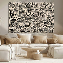 Abstract Love and Chaos Canvas Print, Black Symbols on Beige