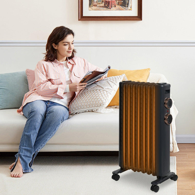 1500W Portable Electric Radiator Oil Filled Heater With 3 Heating Modes, Adjustable Thermostat, Matte Black