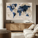 Vintage Blue World Map Canvas Wall Art – Antique Style