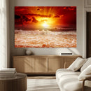Red Sunset Ocean Beach Canvas Wall Art Beach Canvas, Coastal