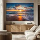 Sunset on the Ocean Beach with Waves, Reflections on Sand,