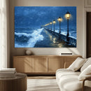 Stormy Ocean Pier Lights Canvas Wall Art Print - Large Moody