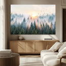 Misty Pine Forest Wall Art Canvas, Sunrise Over Foggy Trees
