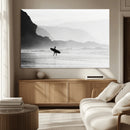 Surfer Beach Wall Art – Framed Black White Ocean Canvas