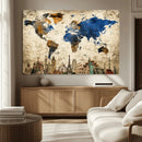 World Map Canvas Print – Vintage Blue and Gold World Map