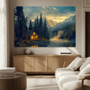 Mountain Cabin by the Lake at Sunset Wall Art - Serene