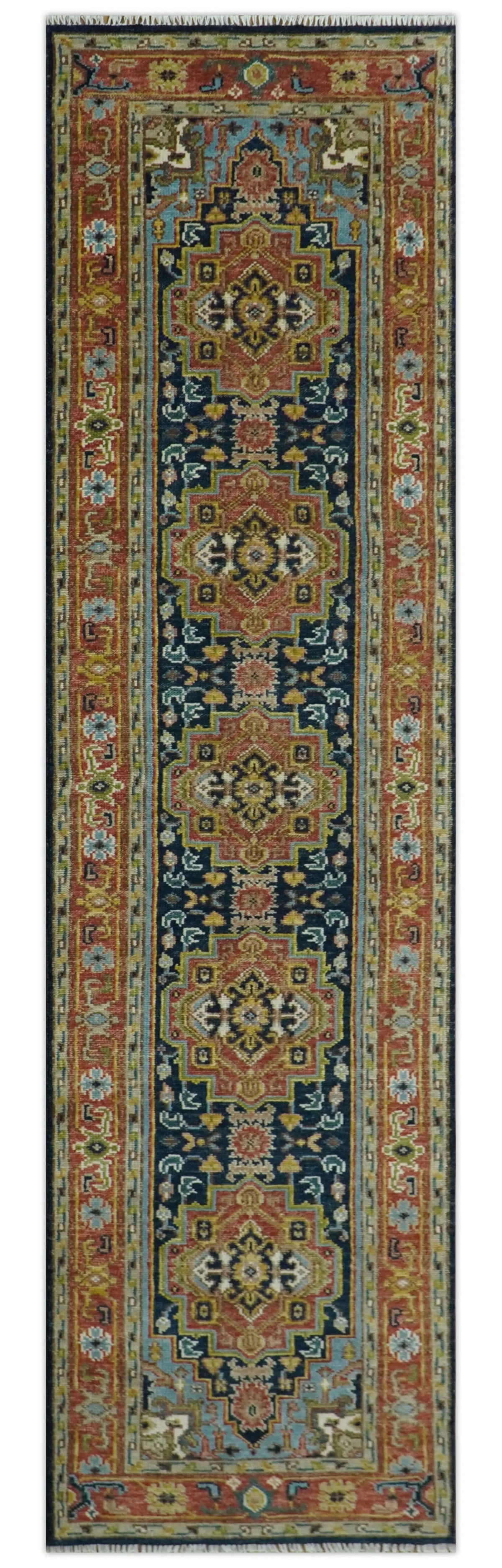 Custom Made Hand Knotted Traditional Rust And Blue Runner Wool Rug