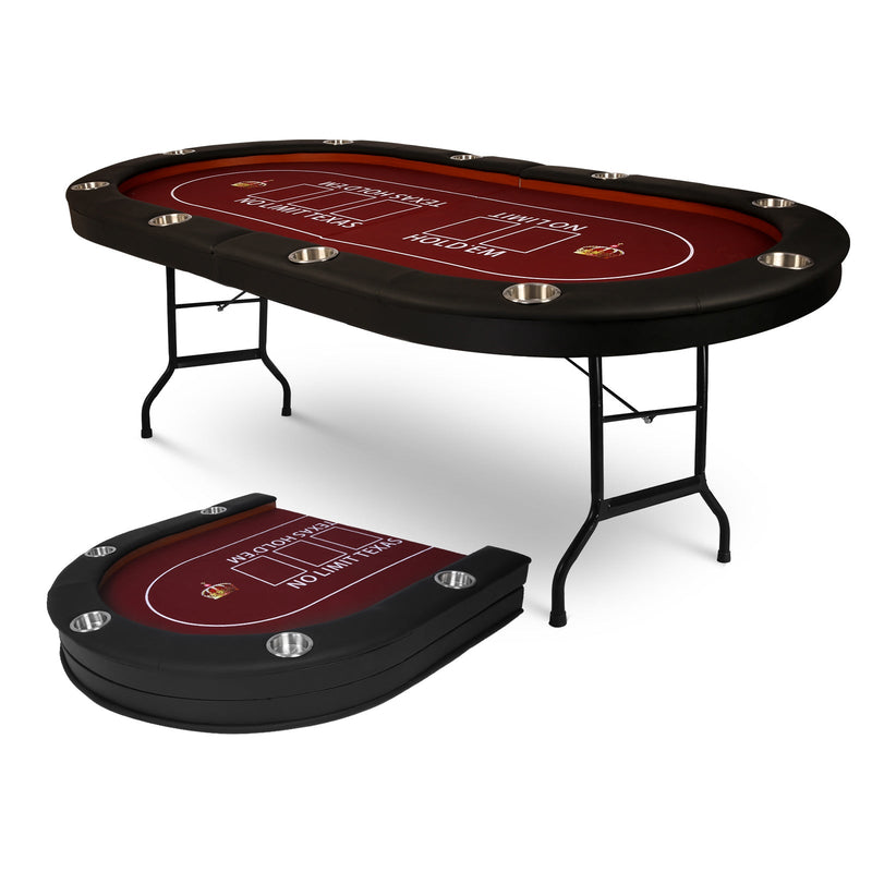 Upgraded 10 Players Foldable 90.5" Casino Poker Table Card Game Table with Metal Frame and 10 Cup Holders, Red