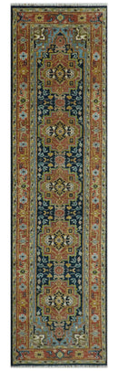 Custom Made Hand Knotted Traditional Rust And Blue Runner Wool Rug by The Rug Decor