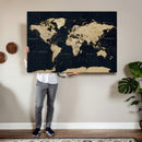 Dark World Map Canvas Wall Art Print, Minimal Black and Gold
