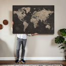World Map Canvas Wall Art Dark Charcoal Antique Tan Detailed