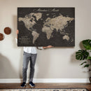 Custom World Map with Pins Canvas Wall Art Dark Charcoal