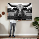 Black White Texas Longhorn Bull Canvas Wall Art, Western Ranch Cattle Photography Print, Rustic Farmhouse Cowboy Decor Artwork