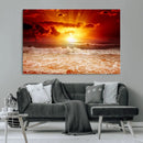 Red Sunset Ocean Beach Canvas Wall Art Beach Canvas, Coastal
