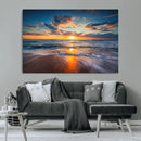 Sunset on the Ocean Beach with Waves, Reflections on Sand,