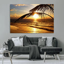 Golden Tropical Beach Sunset Canvas Triptych, Coastal Palm