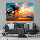 Palm Tree Sunset On The Beach Wall Art Canvas, Framed Palm