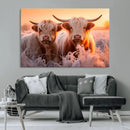 Highland Cows at Sunrise Wall Art Canvas Set – Serene and