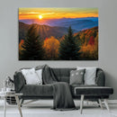 Golden Sunset Over Mountain Forest Canvas Wall Art Print -