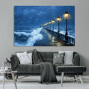 Stormy Ocean Pier Lights Canvas Wall Art Print - Large Moody