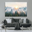 Misty Pine Forest Wall Art Canvas, Sunrise Over Foggy Trees