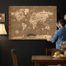 Custom Push Pin World Map Wall Art Canvas Print – Personalized Travel Tracker with Pins Framed Large for Home and Office Decor