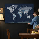 Blue Detailed World Map Wall Art Canvas Print, Modern Framed
