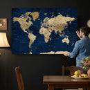Navy Blue World Map Canvas Print – Detailed Map Minimal Navy