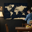 Dark World Map Canvas Wall Art Print, Minimal Black and Gold