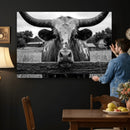 Black White Texas Longhorn Bull Canvas Wall Art, Western Ranch Cattle Photography Print, Rustic Farmhouse Cowboy Decor Artwork