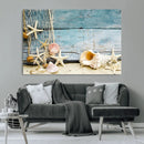 Seashells on Rustic Wooden Background, Seashells Wall Art