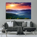 Beautiful Sunset over Hills Forest Landscape Canvas Wall Art