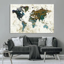 Vintage World Map Wall Art Canvas Print, Framed Rustic Earth