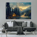 Mountain Cabin by the Lake at Sunset Wall Art - Serene