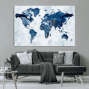 Modern Blue World Map Canvas Print – Framed Wall Art,