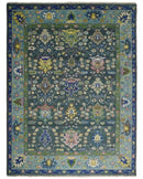 Antique Design Hand Knotted Green Moss and Blue Turkish Oushak Custom Made Wool Area Rug