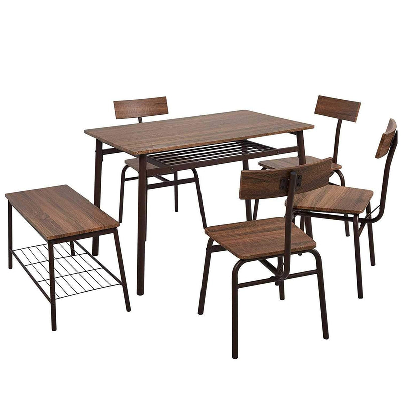 Kitchen Table and Chairs for 6 Dining Table Industrial Wooden Dinette Set w/ Storage Racks Bench, Brown