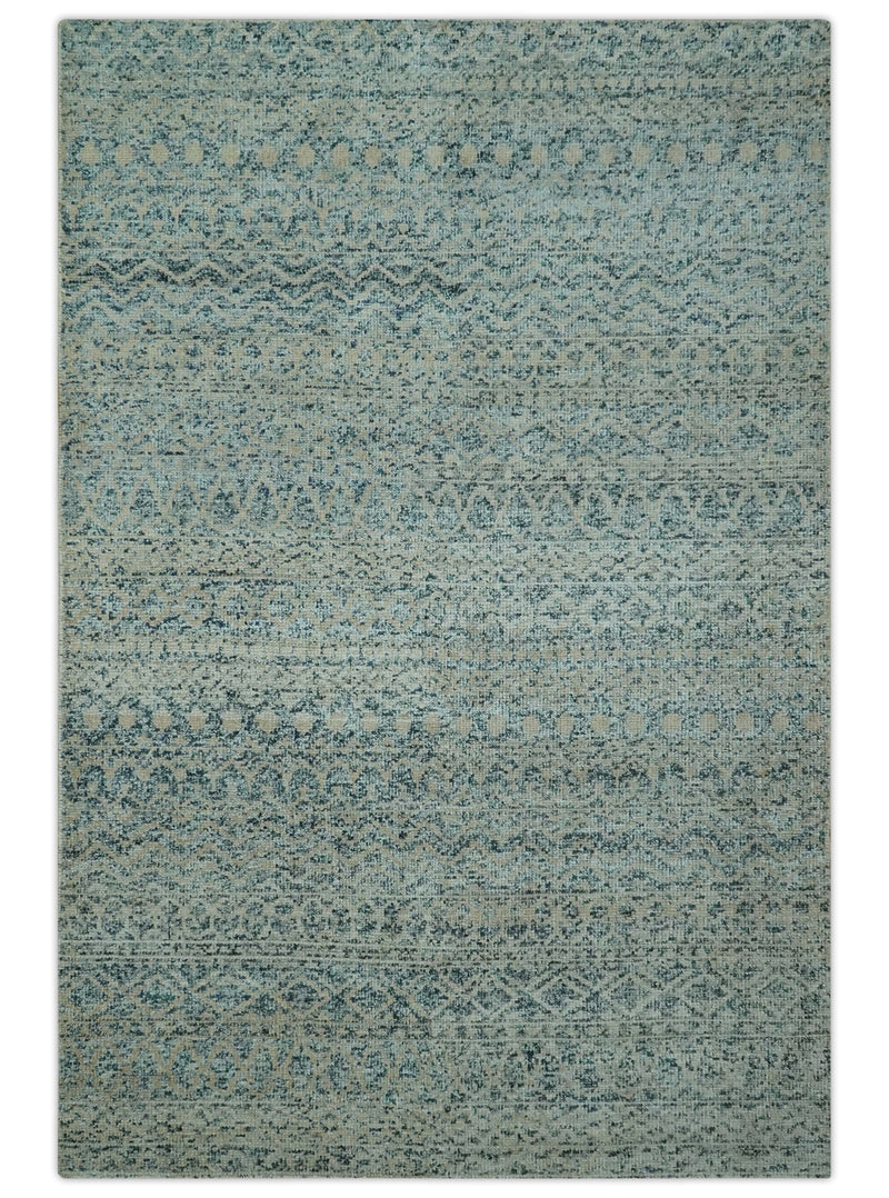 6X9 Teal and Beige Hand Knotted Southwestern Tribal Trellis recycled silk Rug