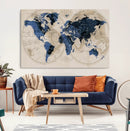 Vintage Blue World Map Canvas Wall Art – Antique Style