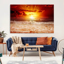 Red Sunset Ocean Beach Canvas Wall Art Beach Canvas, Coastal