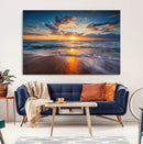 Sunset on the Ocean Beach with Waves, Reflections on Sand,